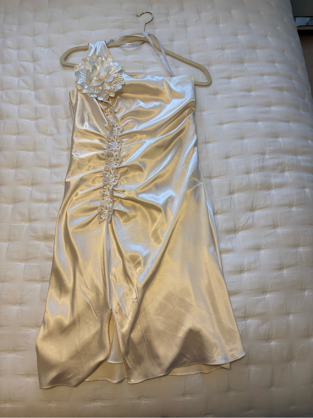 One-Shoulder Satin Dress with Floral Appliqué - Ivory